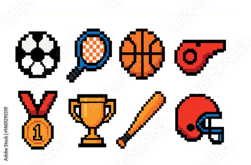 Sports and games icons set – pixel art, vibrant, athletic equipment symbols