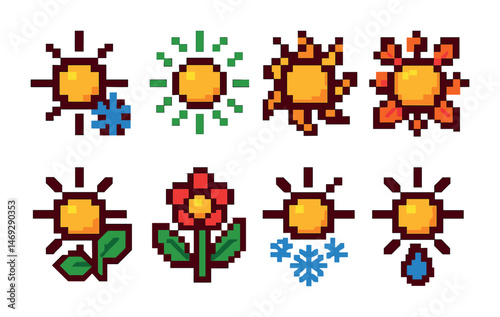 Weather and nature pixel art icons set – seasons, symbols, climate collection