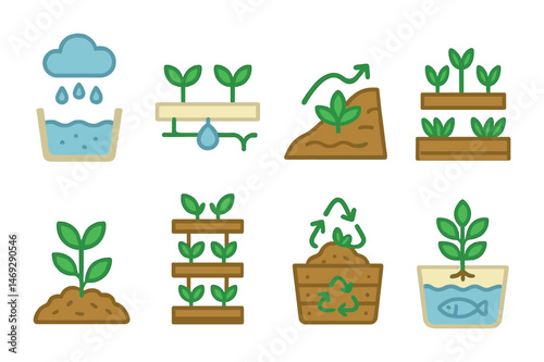 Sustainability and gardening icons set – flat, filled, eco-friendly symbols