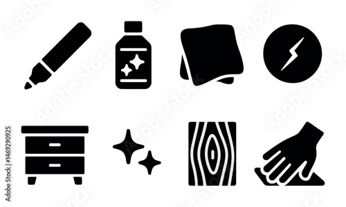 Cleaning tools solid icons set – hygiene, sanitation, household essentials