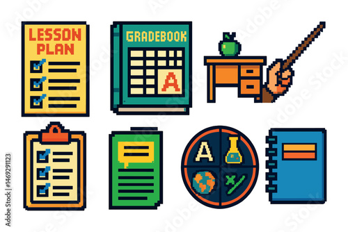 Education and school pixel art icons set – learning, teaching, academic symbols