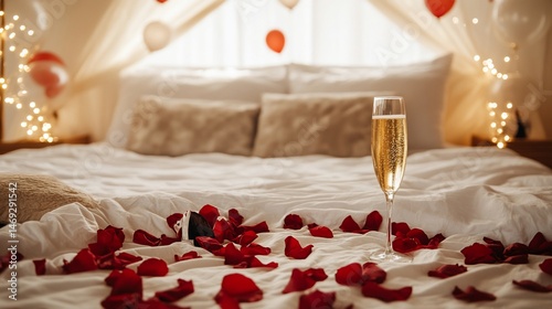 Celebrate Love: Champagne and Rose Petals in Romantic Hotel Room Setting