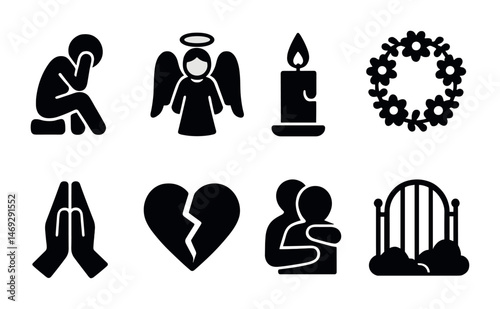Funeral and grief solid icons set – silhouette, filled, memorial and loss symbols