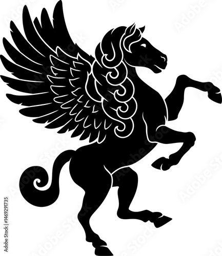 A stylised heraldry coat of arms crest style rearing heraldic Pegasus winged horse from Greek mythology standing on hind legs
