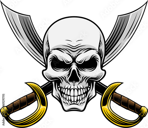 Pirate skull crossbones with crossing sabers or scimitar cutlass pirate swords. In a vintage retro woodcut style.