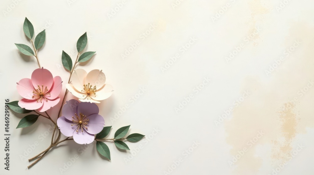 Fototapeta premium Delicate Paper Flowers Arranged on a Soft Textured Background with Ample Copy Space for Your Message
