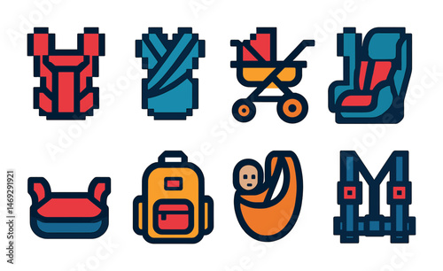 Baby gear outline icons set – stroller, backpack, infant essentials symbols