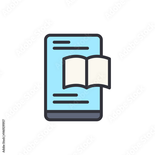Digital reading on mobile device and paper book, illustration style