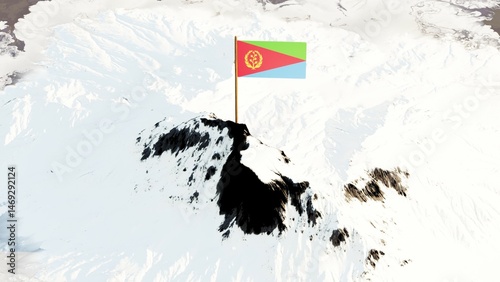 3D rendering of Eritrea's national flag, featuring a red isosceles triangle with a golden olive branch and wreath, dividing green and blue triangles, gracefully waving atop a snow-covered mountain pea