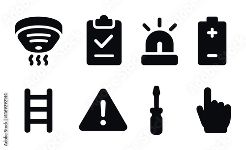 Safety and emergency solid icons set – alert, warning, security symbols