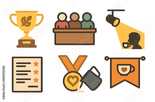 Competition and awards flat icons set – contest, trophy, achievement symbols