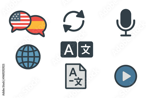 Language and translation icons set – flat, filled, communication and globalization symbols
