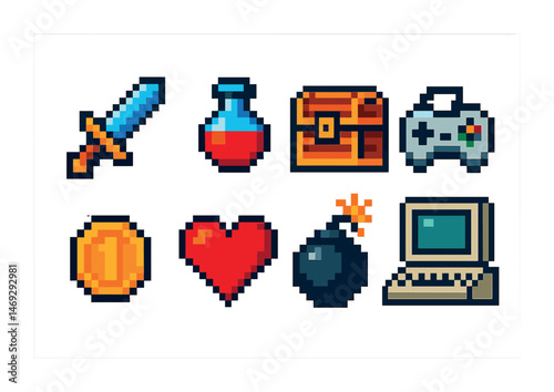 Retro gaming pixel art icons set – vintage, 8-bit, classic game symbols