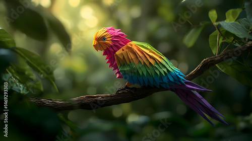 Colorful Pixel Parrot On Branch In Lush Jungle