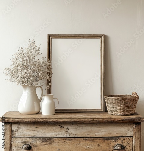 Stylish Rustic Decor with Empty Frame, White Vases, and Dried Flowers on Wooden Table