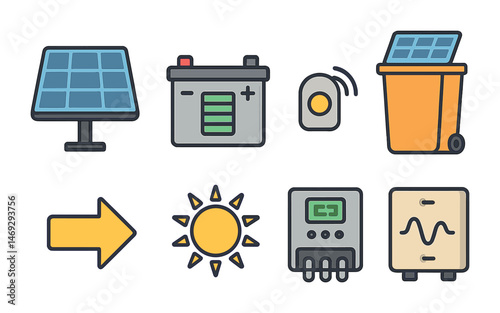Renewable energy flat icons set – solar, eco-friendly, sustainable symbols