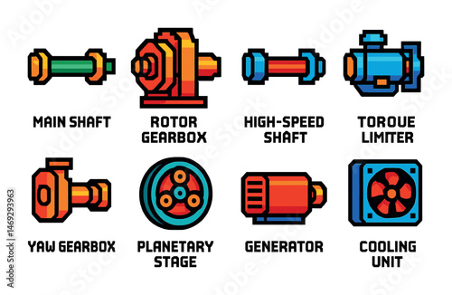 Engineering and machinery icons set – pixel art, gearbox, industrial tools