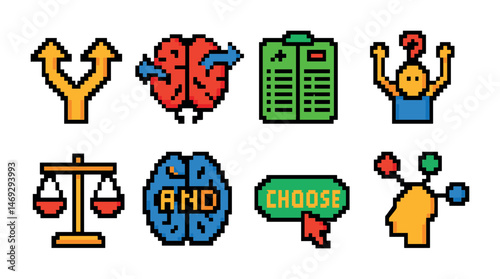 Retro pixel icons representing decision making and critical thinking concepts