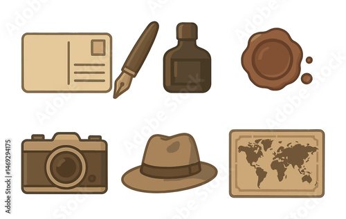 Vintage travel icons set – flat, silhouette, adventure and historical symbols