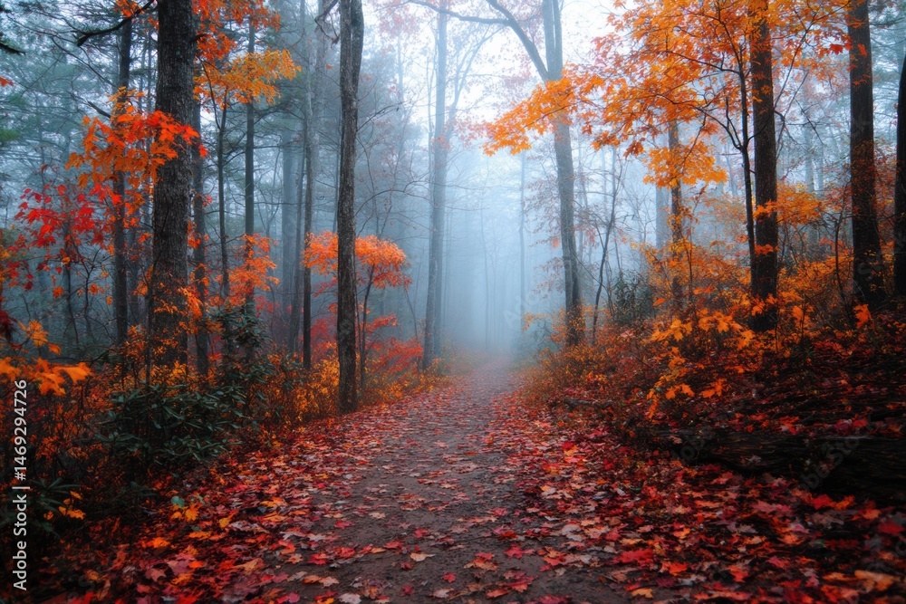 Foggy Forest Trail Covered With Vibrant Fall Leaves in Orange and Red Tones During Autumn Generative AI