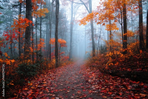 Obraz na płótnie Foggy Forest Trail Covered With Vibrant Fall Leaves in Orange and Red Tones During Autumn Generative AI w salonie