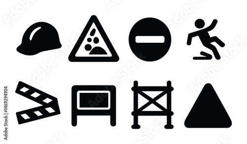 Construction safety icons set – solid, filled, warning and hazard symbols