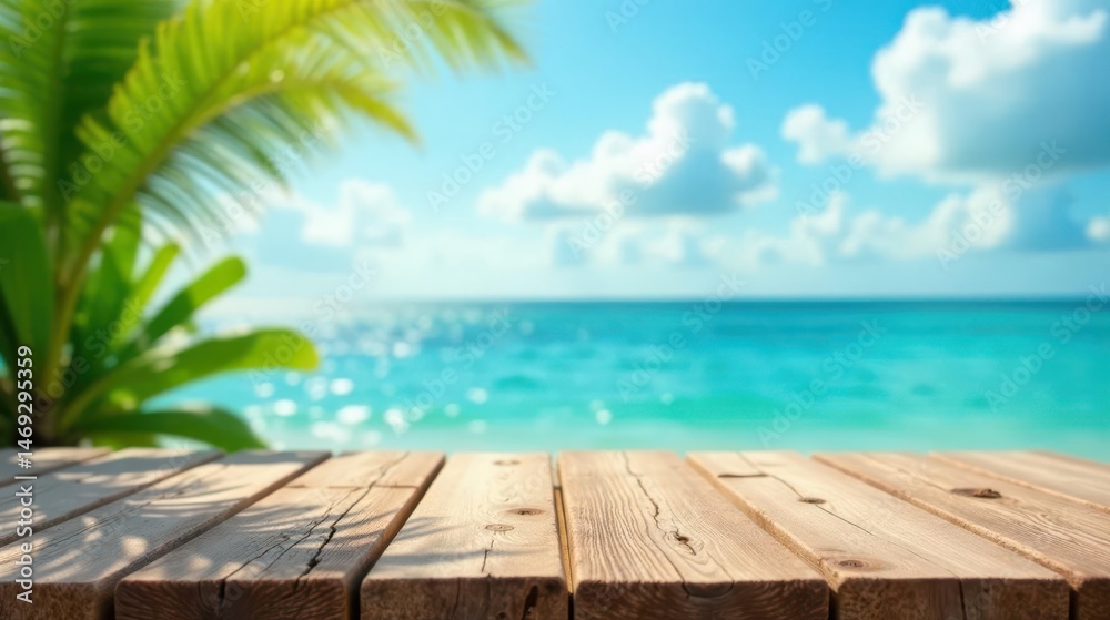 Fototapeta premium Serene Coastal View with a Wooden Deck, Perfect for Relaxation and Tropical Dreams