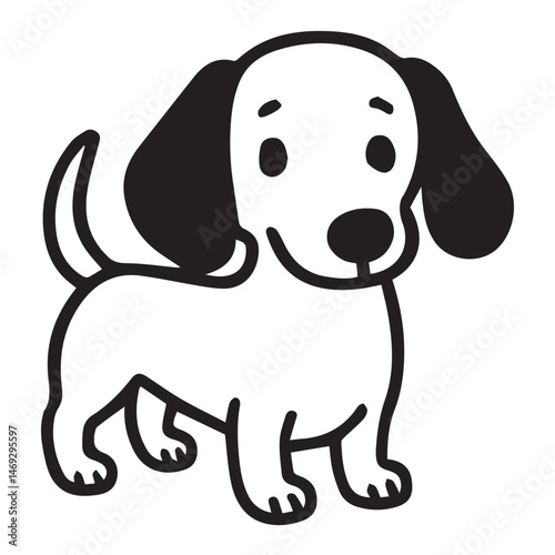 Create a vector of a loyal black and white dog standing proudly on a clean white background with simple, bold artistic lines.


