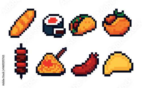 Food and drink icons set – pixel art, digital, culinary design elements