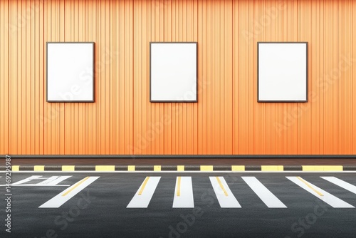 Empty posters on a peach-colored wall next to a pedestrian crossing