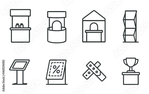 Trade show and exhibition outline icons set – silhouette, booth, display graphics