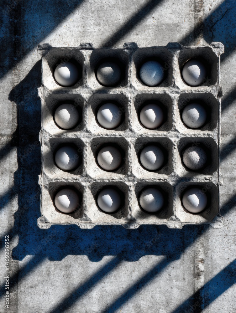 Unique Top-Down View of Egg Crate Filled With Eggs Creating a Striking Shadow Pattern in the Center Label Space Generative AI