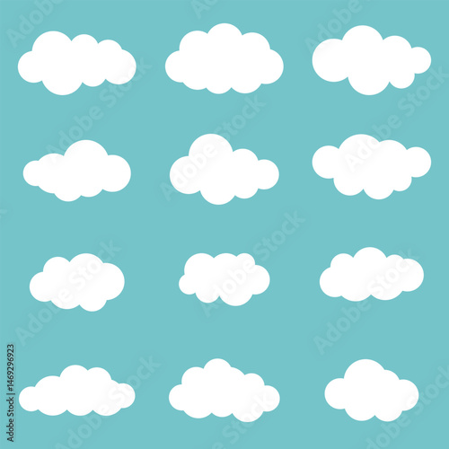 Clouds vector illustration. Cloud icon set.  Collection of white clouds on blue background.