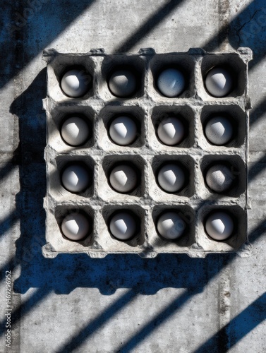 Obraz na płótnie Unique Top-Down View of Egg Crate Filled With Eggs Creating a Striking Shadow Pattern in the Center Label Space Generative AI w salonie