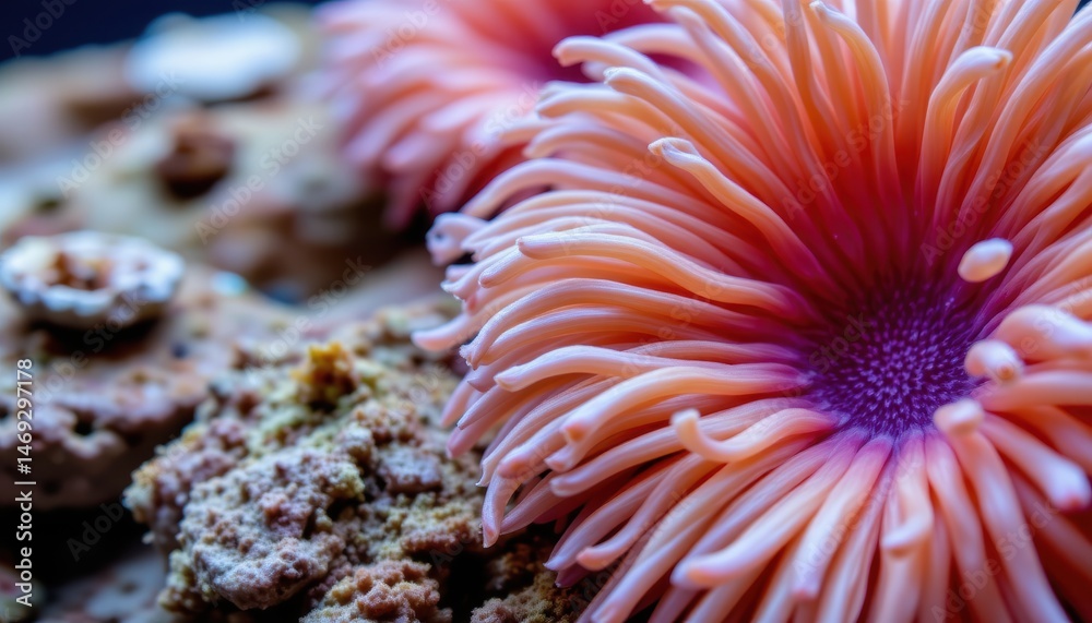 Fototapeta premium Close-Up of Vibrant Pink Sea Anemone Emphasizing Textures and Details in an Underwater Environment