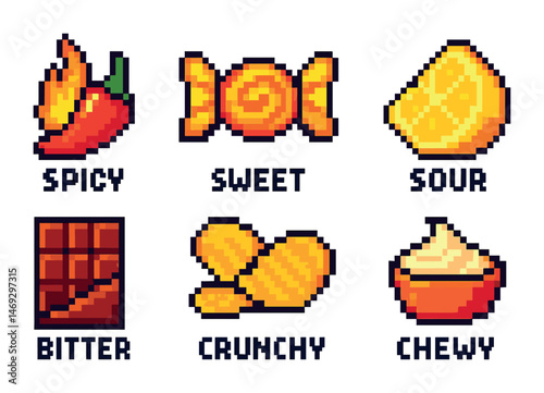 Taste and flavor pixel art icons set – 8-bit, spicy, sweet and sour symbols