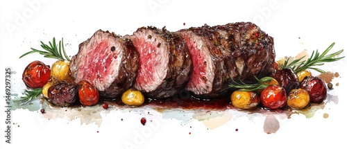 Sliced roast beef with colorful side dish.