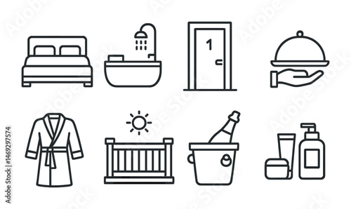 Hotel and hospitality icons set – outline, linear, accommodation and service design