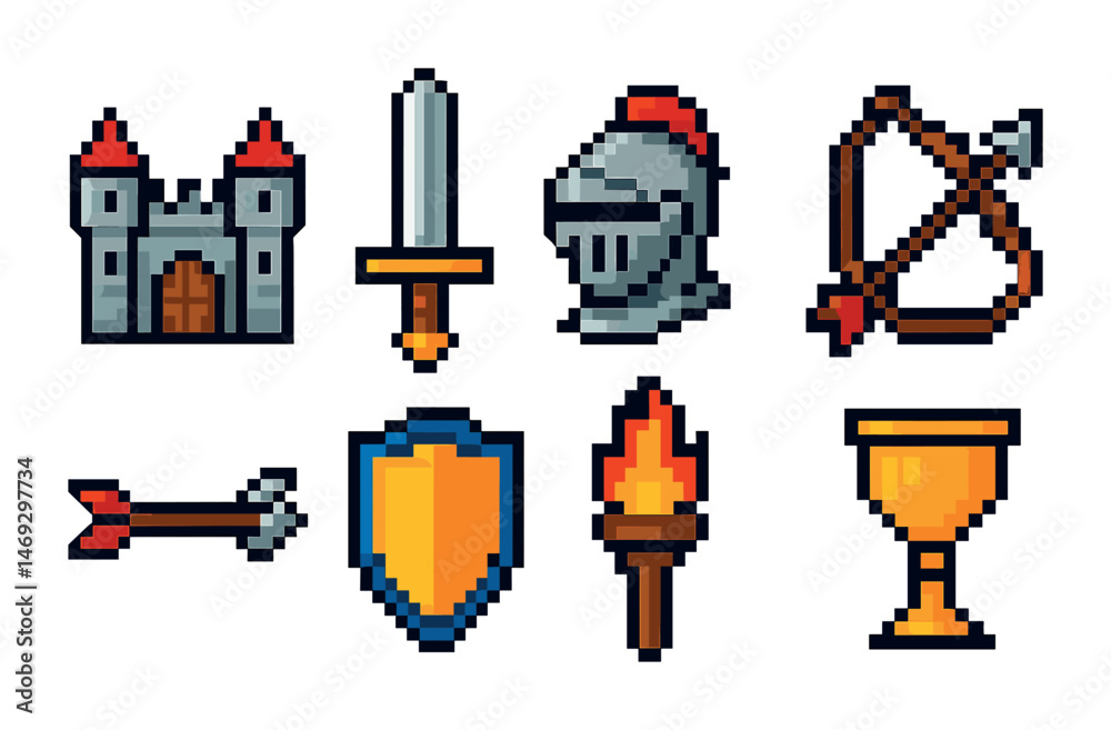 Obraz premium Medieval pixel art icons set – knight, castle, weaponry designs