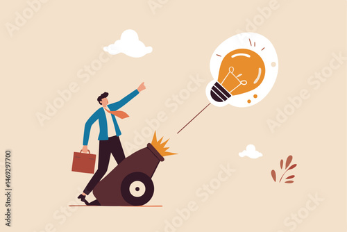 Launch new business idea, creativity and innovative winning solution, entrepreneurship or start up business concept, smart businessman entrepreneur launching light bulb idea from powerful cannon.
