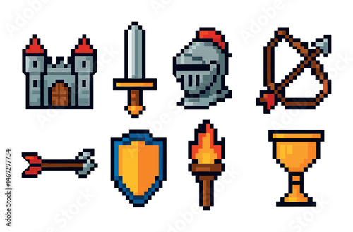 Medieval pixel art icons set – knight, castle, weaponry designs