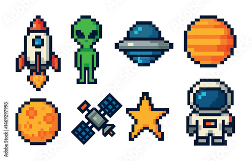 Space exploration pixel art icons set – retro, cosmic, alien and astronaut symbols