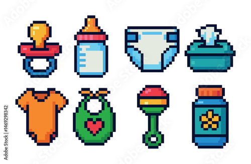 Baby essentials pixel art icons set – playful, newborn, infant care designs