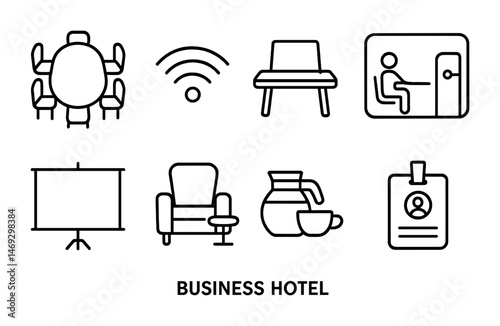 Business hotel line icons set – essential amenities, services, work travel symbols