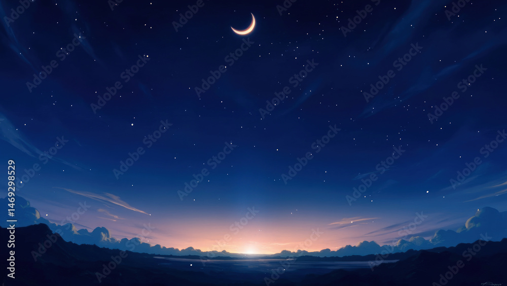 Naklejka premium Serene night sky with crescent moon and stars above a gentle landscape illuminated by dawn's light