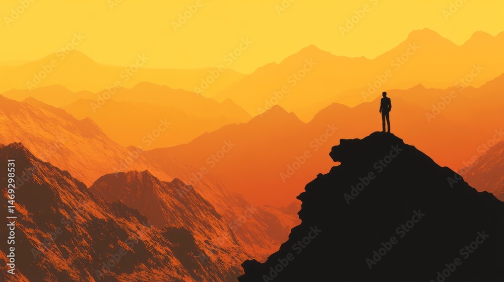 Silhouette figure atop mountain peak at sunrise Silhouette figure atop mountain peak at sunrise