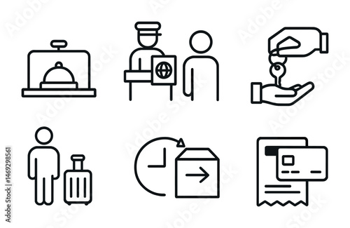 Travel and hospitality outline icons set – tourism, luggage, journey symbols