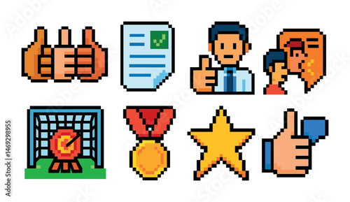 Business and communication pixel art icons set – retro, digital, interaction symbols