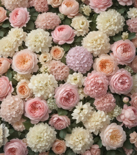 Pastel roses, peonies & hydrangeas Vintage artificial flower wall backdrop , wall decor, elegant, delicate