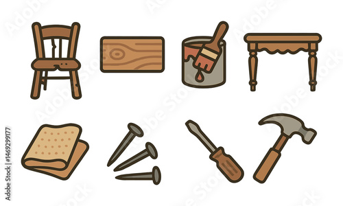 Woodworking tools icon set – flat, filled, carpentry and diy symbols